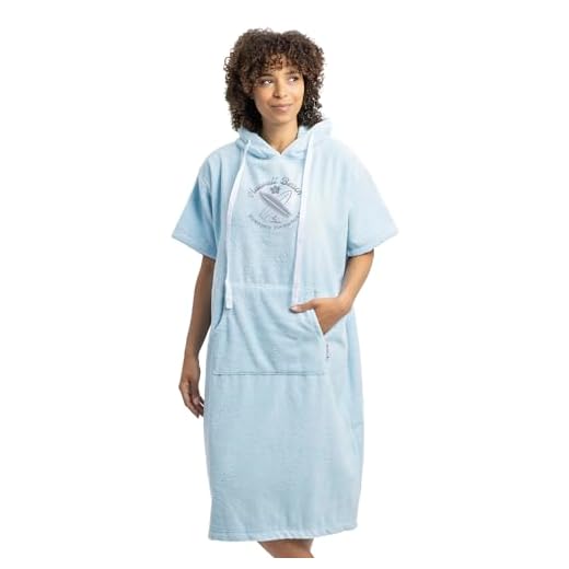 e.FEMME® Damen Strandkleid Elena 2281 aus Frottee, Marine 46 6 HOMELEVEL Damen und Herren Frottee Surfponcho mit Kapuze und Stickerei 100% Baumwolle Strandponcho Poncho Badeponcho Hellblau S/M