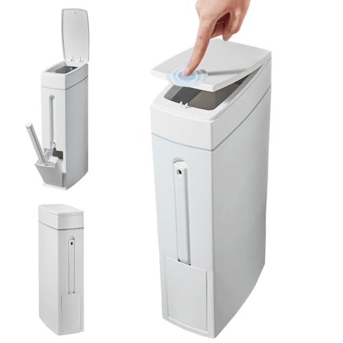 Cestino per bagno lattina 4x8x17in 4,5L bidone da bagno sottile con portapacchi per la spazzola per la spazzatura a apertura bianca bidone del bagno rettangolare bidone della spazzatura per la cucina