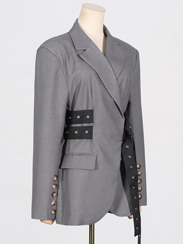 Women Chic Asymmetric Back Button Double Belted Buckle Blazer Classy Suit Outwear Party Casual Temperament4