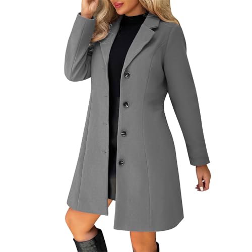 Image of Styxlyn Pea Coats For Women Wool Blend Thicken Stand Collar Single Breasted Trench Coat Fashion A-Line Fall Winter Jackets Dark Gray Pea Coats For Women M