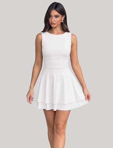 Image of IWD Women's Boat Neck Sleeveless Mini Dress Ruched Waist Flowy Tiered Ruffle Hem A Line Party Short Dresses