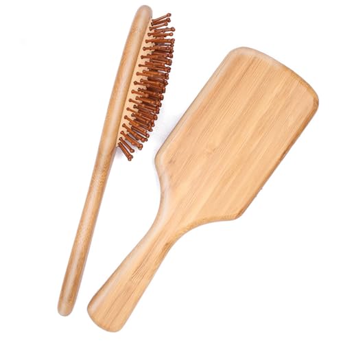 VICKYLEE Natural Wooden Hair Combs set 2 in 1 Bamboo Bristle Detangling Hairbrush for Elderly Adults,Man,Woman Reduce Frizz, Massage Scalp for Straight Curly Wavy Dry Wet Thick or Fine Hair