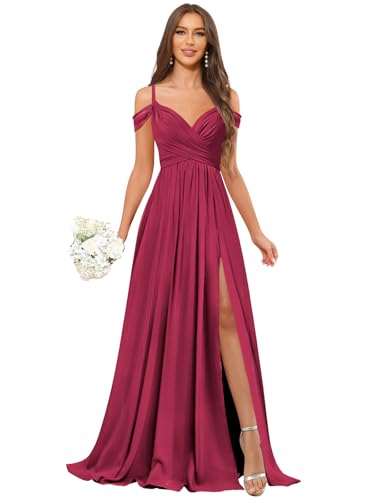 Off The Shoulder Bridesmaid Dresses Long Slit Chiffon Formal Evening Gown with Pockets