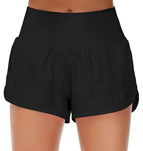 Origiwish Women's High Waisted Running Shorts with Liner Quick Dry Athletic Workout Shorts Zipper Pockets (Medium, Black)
