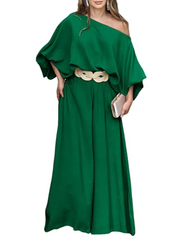 Image of CHICME Women Summer 2 Piece Outfits Off Shoulder Top Flowy Wide Leg Pants Set Vacation Travel Airport Outfits