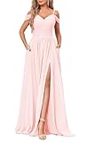 YIANN Off The Shoulder Bridesmaid Dresses Long with Pockets Wrap Slit Formal Wedding Guest Dress Blush Pink Prom Gown UK16