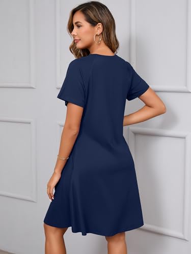 Image of Heymoments Women's Short Sleeve Crew Neck Summer DressesComfy Swing Dress Navy Blue Small Casual T-Shirt Loose Midi Vacation Teacher Sundress with Pockets