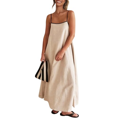 Senllen Women's Linen Dress Summer Loose Flowy Sundress Contrast Spaghetti Strap Sleeveless Backless Beach Maxi Long Dresses