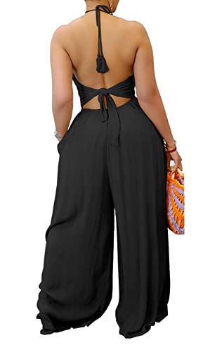 Aro Lora Womens Sexy V Neck Halter Tie Knot Ruched One Piece Wide Leg Pant Jumpsuit Romper Large Black #TOP1