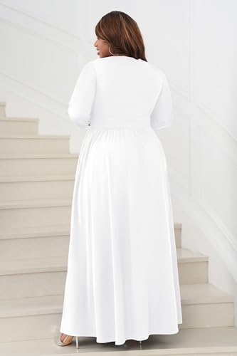 Image of Runwind Plus Size Maxi Dress 3 /4 Sleeve V-Neck Pleated Faux Buttons Pockets | Plus size dress for wedding guest work church, pleated front faux buttons, flowy maxi dress enhances elegance