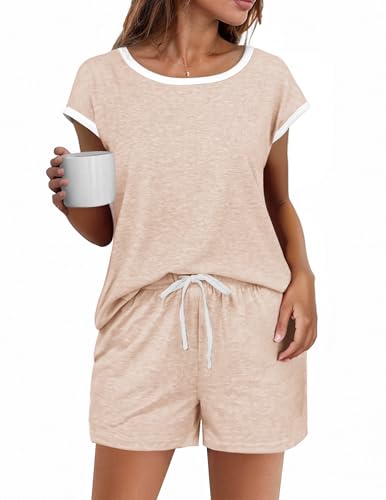 Image of Ekouaer Womens Pajamas Set 2 Piece Short Sleeves PJs O Neck Tops and Drawstring Waist Shorts Soft Lounge Set