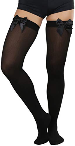 Image of ToBeInStyle Women's Opaque Long Thigh High Stockings w /Decorative Front Satin Bow