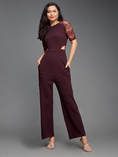 Image of Miss Chase Women's Halter Neck Sleeveless Solid Wide Leg Sequin Paneled Regular Length Jumpsuit