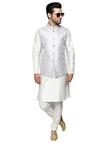 Image of Uri and MacKenzie Men's Silk Blend Kurta Churidar Pyjama with Stylish Nehru Jacket