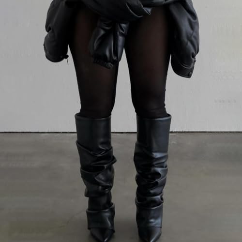 Yishaweiqi Slouched Ruched Fold Over Boots for Women Covered Wedge Heel Patent Leather Knee High Boots Wide Calf Pointed Toe Casual Boots3