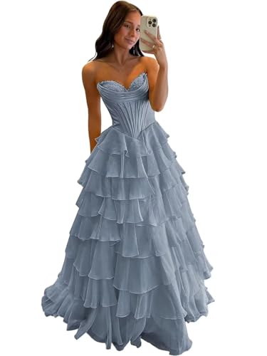 Ruffle Prom Dress Corset Tiered 2025 Strapless Long Chiffon Formal Evening Gown with Slit