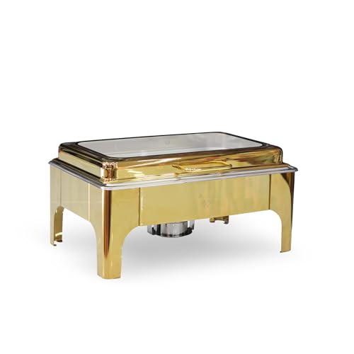 Image of Malabar Stainless Steel Chafing Dish with Transparent Lid, Rectangular Chafing Dish Set with Hydraulic Lid, Mirror Finished Buffet Food Warmer (Non Electric, 9 LTR - Gold)