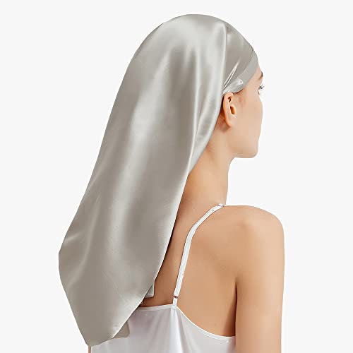 LilySilk Mulberry Silk Sleep Cap 100% 19 Momme Long Silk Bonnet for Curly Hair Night Cap for Sleeping Silk Hair Wrap for Women Silvergray - Image 2