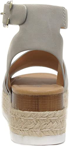 Image of Soda Topic Grey Casual Espadrilles Trim Rubber Sole Flatform Studded Wedge Buckle Ankle Strap Open Toe (11)