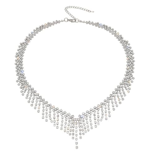 Image of Niaspi Rhinestone Cubic Zirconia Choker Necklace for Women Girls Silver Plated Classic Crystal Shiny Dainty Tassel Choker Necklace Chandelier Fringe Chains Sparkly Bridal Wedding Prom Party Jewelry