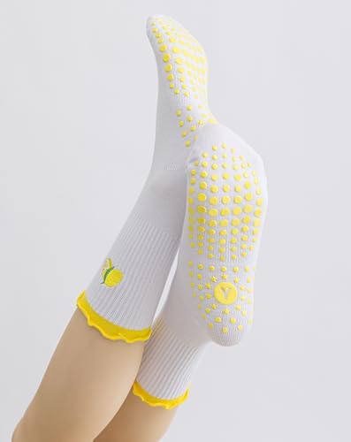 Image of Yawlsow Cute Pilates Grip Socks for Women Ruffle Frilly Yoga Socks Non Slip Cotton Crew Grippy Sock for Barre Workout