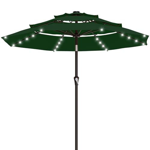 Image of AreShark 9ft 3 Tiers Patio Umbrella with Solar Lights, Outdoor Umbrella w / 32 LED Lights&8 Sturdy Ribs, Table Umbrella for Deck, Backyard, Pool (Dark Green)