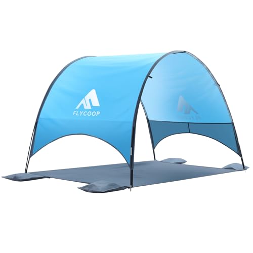 Flycoop 2026 Upgraded Beach Umbrella Canopy with UPF 50+ UV Protection – Portable Beach Tent for Sun, 360° Ventilation, 4 Sandbags, Dual Pockets, Stakes & Ropes, 90.5*59*53 inch for 3 People