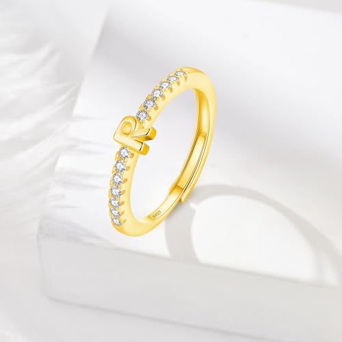 Bague initiale R en argent 925 doré, un bijou monogramme empilable et ajustable de haute qualité - 2