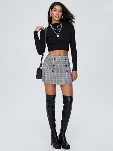Exlura Womens Fall Tweed Plaid Bodycon Mini Skirts High Elastic Wasit Short Skirt 2024 Trendy Winter Y2K Fashion Clothes Grey Pink thumb #4