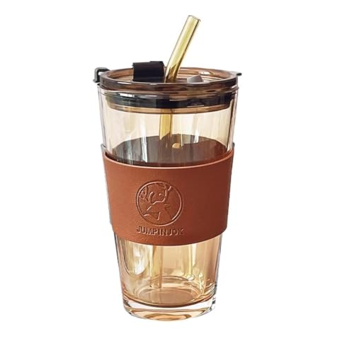 TAMQUSAK 400ml Glass Sipper Mug with Leather Grip Sleeve – Leak-Proof Lid & Straw | Reusable Tumbler for Hot & Cold Beverages, Water, Juice, Coffee | Home, Bar, Office Use (Big Brown Mug)