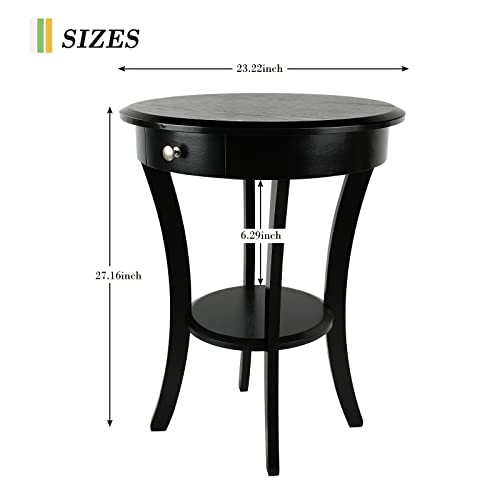 Ecomex Round End Table,Tall Side Table With Drawer And Shelf, 2 Tier Classic Brown Wood Accent Table Sofa Side Table For Bedroom,Office, Small Spaces, Vintage European Style (Black) #TOP2