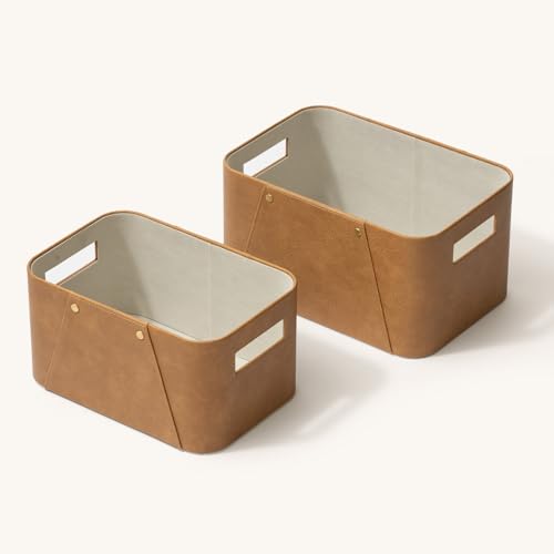 LA JOLIE MUSE Storage Baskets for Organizing, 2 Pack, Storage Cube Boxes Luxury Brown Vegan Leather for Closet Shelf Cabinet Bookcase Camel by LA JOLIE MUSE - Image 6