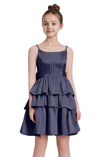 Satin Short Flower Girl Dress with Bowknot for Wedding Spaghetti Strap Party Homecoming Dresses for Teen Girls