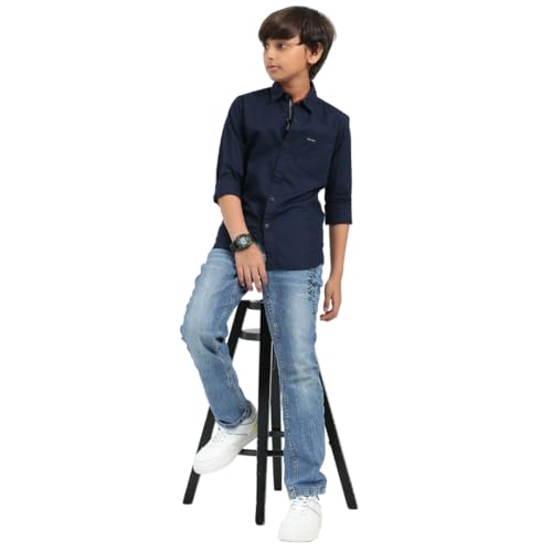 Image of ROCKET SCIENCE Boys Single Pocket Shirt | Regular Fit, Spread Collar, Full Sleeves, 100% Cotton Linen Fabric Royal Blue
