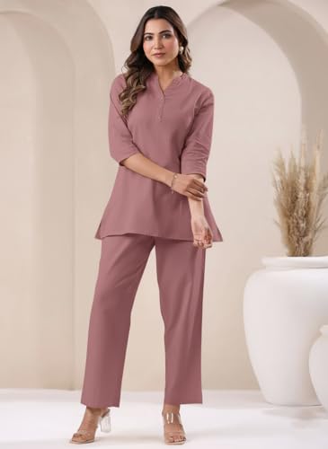 Image of Co Ord Set for Women Stylish Pure Cotton Airy Linen Lounge Wear Kurta Coord Set for Women | Regular Fit Solid Summer Kurti Set Casual, Travel, Office Formal Wear