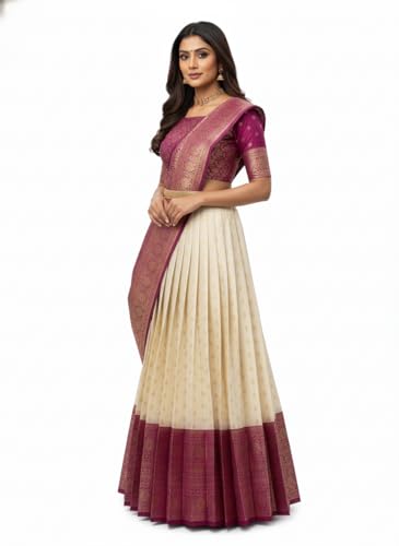 Image of RENVAANI Women's Traditional Kanjivaram Kanchipuram Silk Zari Weaving Unstitched Lehenga Choli with Dupatta