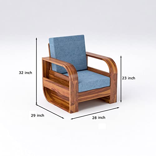 Image of Douceur Furnitures Solid Sheesham Wood 5 Seater Sofa | Five Seater Sofa Set with Coffee Table for Living Room, Cafe, Office | (Honey Teak Cushion Sky Blue)