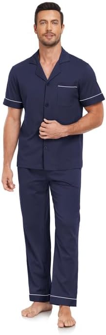 COLORFULLEAF Men's 100% Cotton Pajamas Set Button Down Short Sleeve Sleepwear Long Pants Pjs for Men with pockets - Image 3