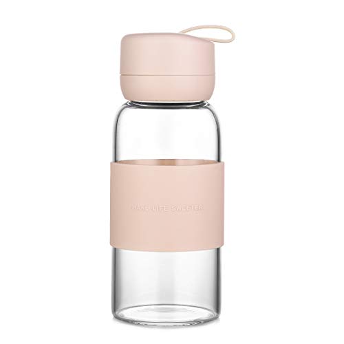 Glass Water Bottle for Kids 12 Oz Cute Glass Water Container with Lid and Silicone Sleeve, BPA-Free Wide Mouth Water Drinking Bottle Travel Mug Great for School, Office, Outdoor Sport (Pink 2)