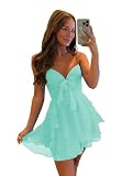Monvelli Turquoise Strapless Short Homecoming Dresses 2026 for Teens Tiered Ruffle Chiffon Cocktail Party Prom Gowns with Bow US Size 2