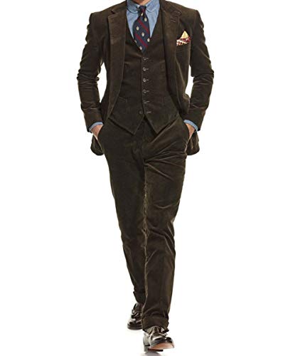 Mens Corduroy Dark Chocolate Brown 3 Pieces Slim Fit Party Prom Suit Tuxedo Jacket Vest Pant4