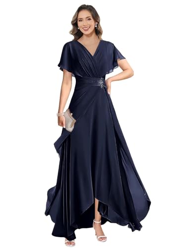 Tea Length Mother of The Bride Dresses for Women A-Line Ruffles Beaded Formal Dress with Sleeves4