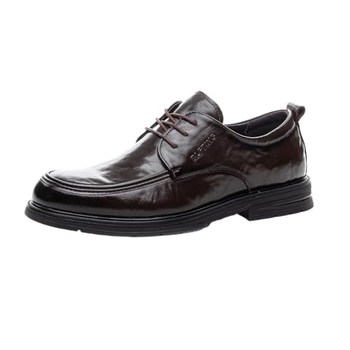 Men's Genuine Leather Lace Up Oxfords Comfortable Round Toe Flat Bottom Non-Slip Slip-On Driving Shoes for Driving Daily Work Office