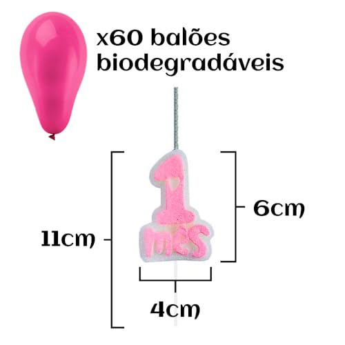 Kit Mesversário Vela + 60 Balões Bebê 1 a 6 Meses Azul ou Rosa (Rosa, 1 Mês)