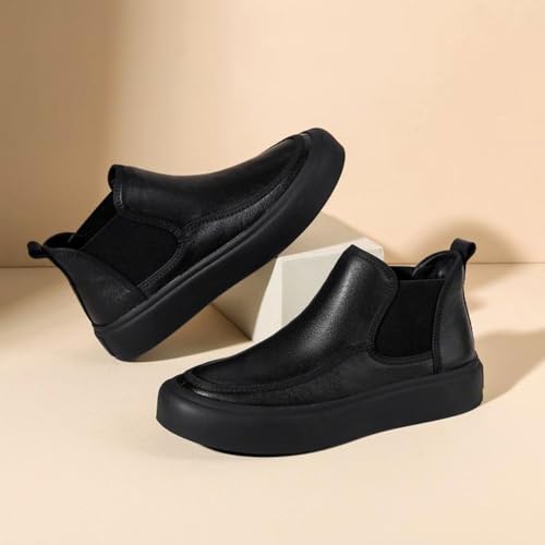 Image of Men's Leather Platform Chelsea Boots Round Toe Comfortable Fur Lined Elastic Slip-On Casual Ankle Boots Mid-Top Business Work Dress Booties
