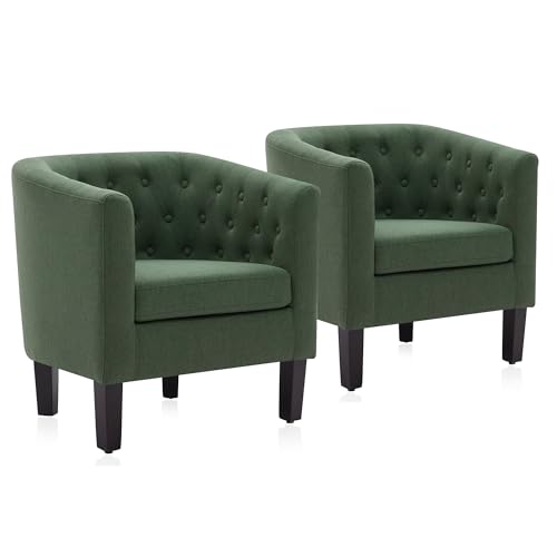 Image of BELLEZE Green Accent Chairs for Living Room, Set of 2 Elegant Arm Chairs, Upholstered Tufted Barrel Chairs Club Chairs for Bedroom with Sturdy Legs and Linen Fabric - Berlinda (Green)