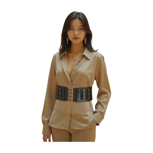 Women Fashion Black Wide Elastic Waistband Belt Hip High Waist Silver Metal Buckle Fit Size S M