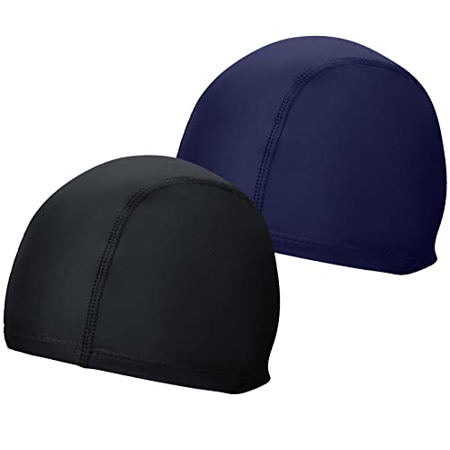 AKHTART 2 Pcs Elastic & Lightweight Swimming caps, Comfortable Fabric Swimming Hats for Women Men Kids and Adults, Unisex Nylon/Non-Slip Bathing Caps for Long Short Hair(Black + Navy Blue)
