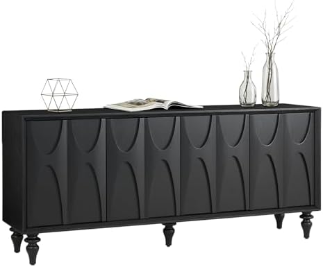 LKTART 62.99" Sideboard Buffet Cabinet with Storage, Solid Wood Kitchen Storage Cabinet Credenza Accent Console Table with Solid Wood Roman Legs Dovetail Door Trim Panel Ash Veneer,Black