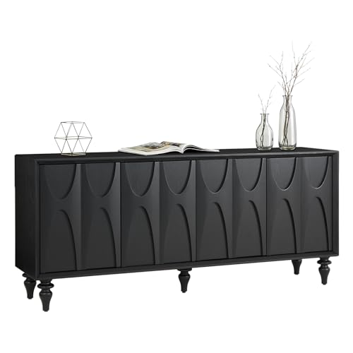 LKTART 62.99" Sideboard Buffet Cabinet with Storage, Solid Wood Kitchen Storage Cabinet Credenza Accent Console Table with Solid Wood Roman Legs Dovetail Door Trim Panel Ash Veneer,Black